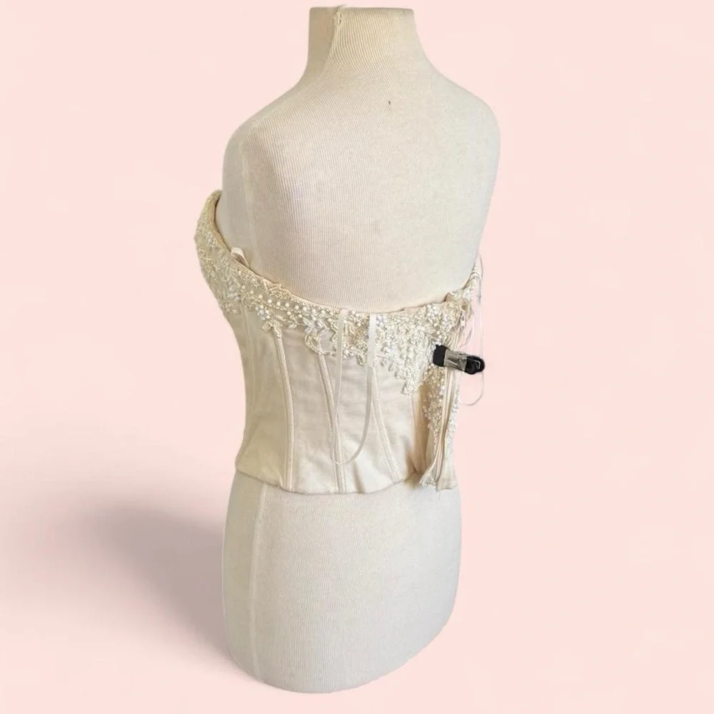 1990’s Vintage Cream Ivory Boning Zip Up Beaded Sweetheart Bridal Bodice Top - Picture 3 of 8